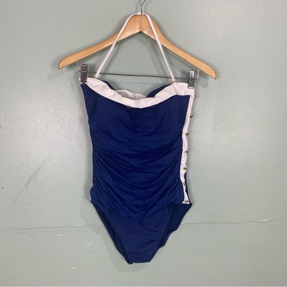 Lauren‎ Ralph Lauren Blue White Halter One Piece Swimsuit Gold Side Buttons